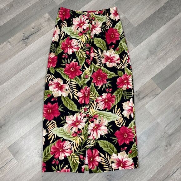 Haggar‎ Vintage Linen Tropical Flower Print Button Front Maxi Skirt Black Pink 8 - Picture 11 of 11